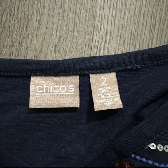 Chico's Navy Blue Red & White Lace Embroidered Sequin 3/4 Sleeve Top Size 2 (M) - Picture 5 of 10